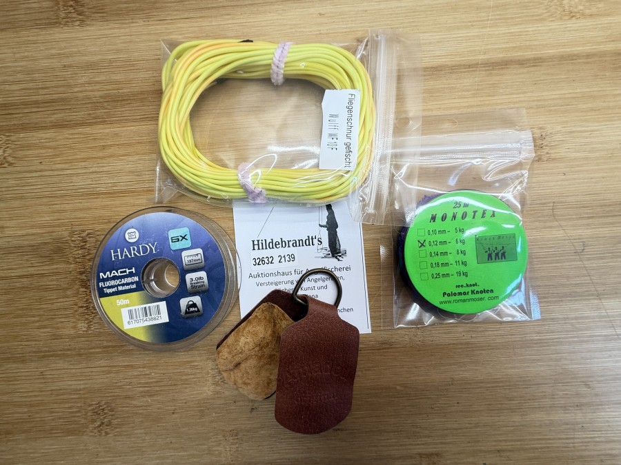 Fliegenfischer Kleinteile, Fliegenschnur gefischt, Wulff, WF 10 F, Amadou Original, Tippet  Monotex, 25m, 0,12mm, Tippet Hardy, Mach, 0,137mm, angebrochene Spulen