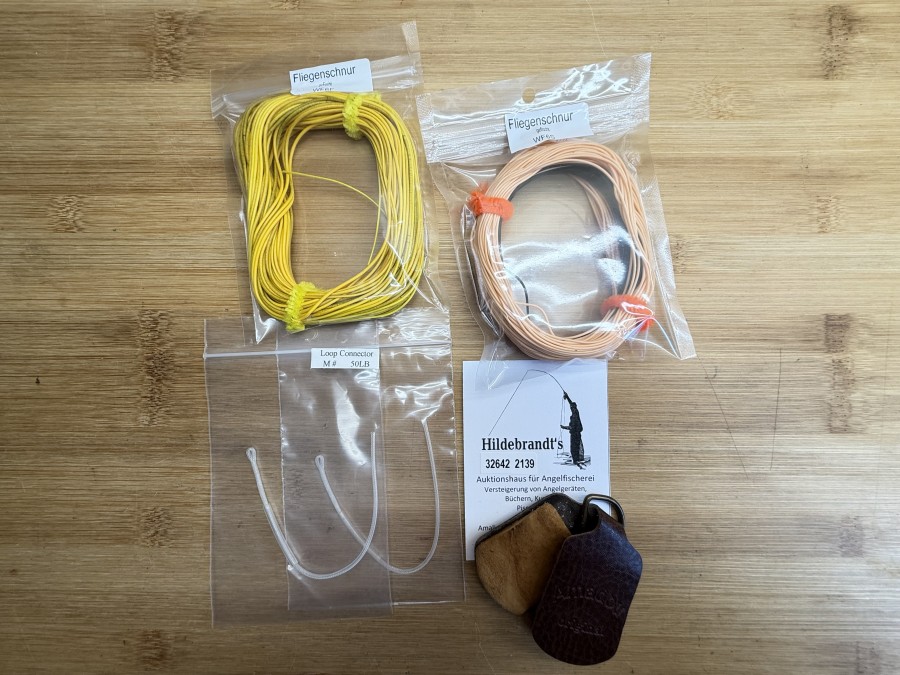 Fliegenfischer Kleinteile, 2 Fliegenschnüre gefischt,  WF 6 S, WF 6 F,  Amadou Original, 2 Loop Connector M, 50lb