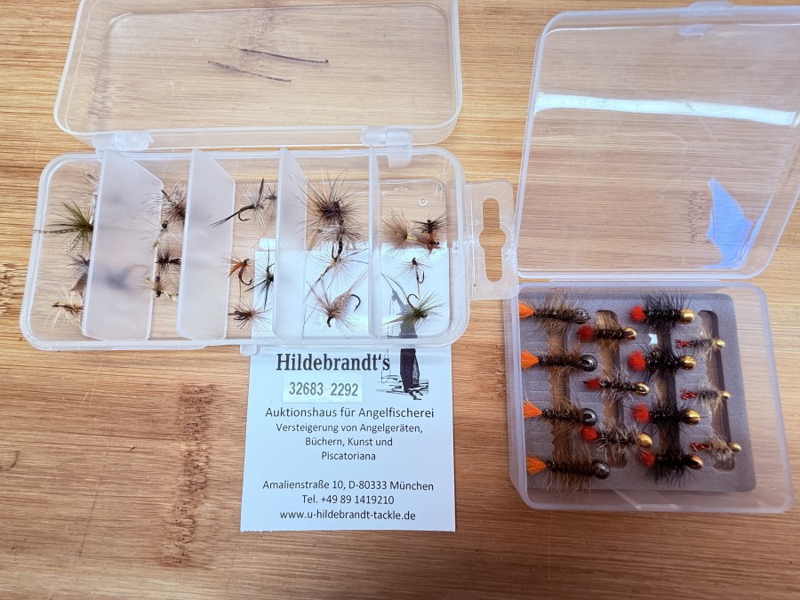 Fliegensortiment, 30 Trockenfliegen, Grösse 12 bis 20, 14 Jig´s, # 12 bis 18, für Forellen und Äschen