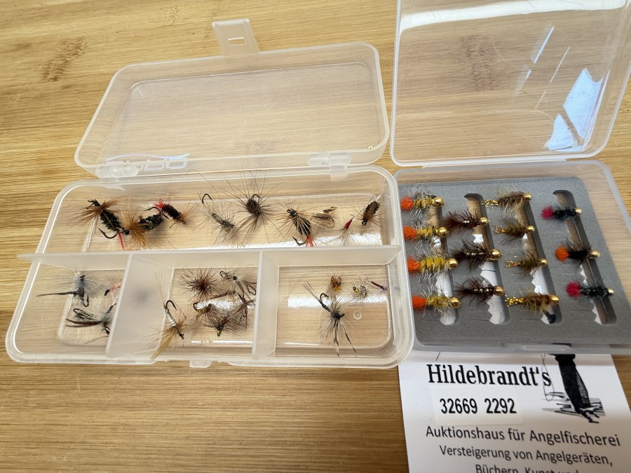 Fliegensortiment, 30 Trockenfliegen, Grösse 12 bis 20, 14 Jig´s, # 12 bis 16, für Forellen und Äschen