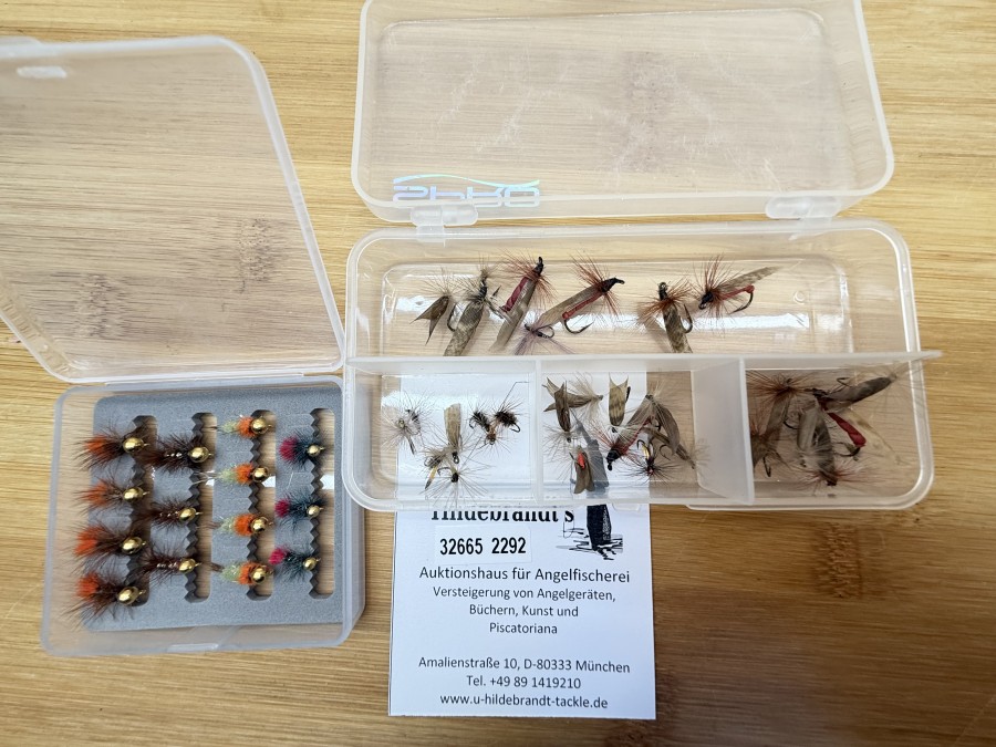 Fliegensortiment, 30 Trockenfliegen, Grösse 10 bis 20, 14 Jig´s, # 12 bis 16, für Forellen und Äschen
