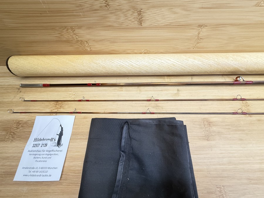 Gespliesste Fliegenrute, Ritz fly rods, imprägniert, Reservespitze, 2tlg., 7ft, #4, Gewicht 95g, Futteral, Holz Transportrohr, ungefischt, Transportlänge 1120mm