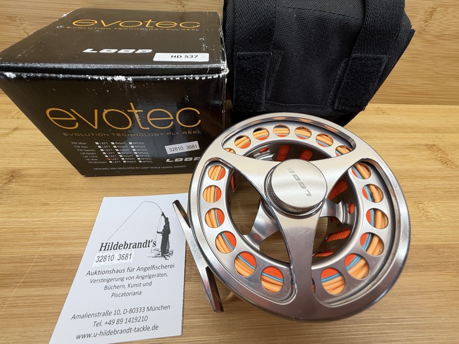 Lachsfliegenrolle, Loop, Evotec HD ten, Linkshand, Rollendurchmeser 110mm, Rollenbreite 47mm, Gewicht 348g mit Backing und Fliegenschnur WF 10, Rollentasche, Karton, leichte Gebrauchsspuren