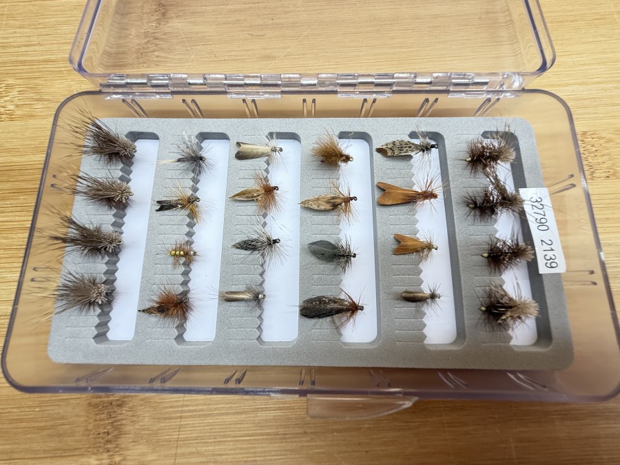 Fliegensortiment, 24 Stück, Buck Caddis, Segden, in Kunststoffbox mit geschlitztem Schaum, 155x90x25mm, ordentliche Qualität