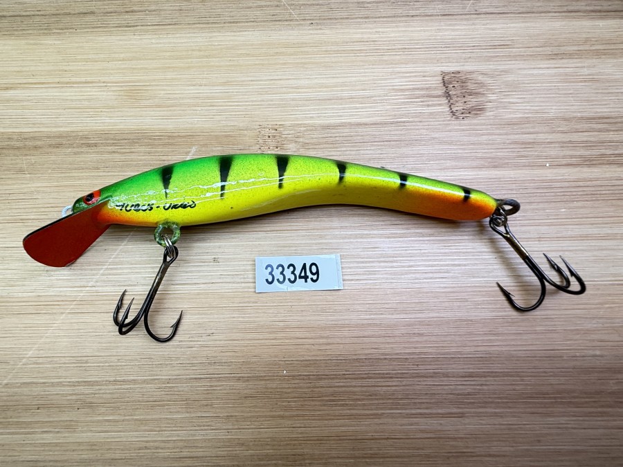 Wobbler, Turus Ukko, Handmade in Finland, gemarkt, orange/gelb/hellgrün/oliv/schwarz, 12cm, 15,00g, ungefischt