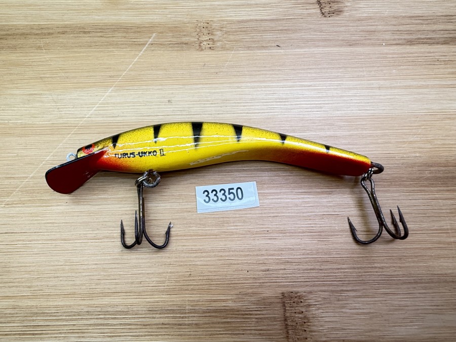 Wobbler, Turus Ukko, Handmade in Finland, gemarkt, rot/gelb//schwarz, 12cm, 15,00g, ungefischt