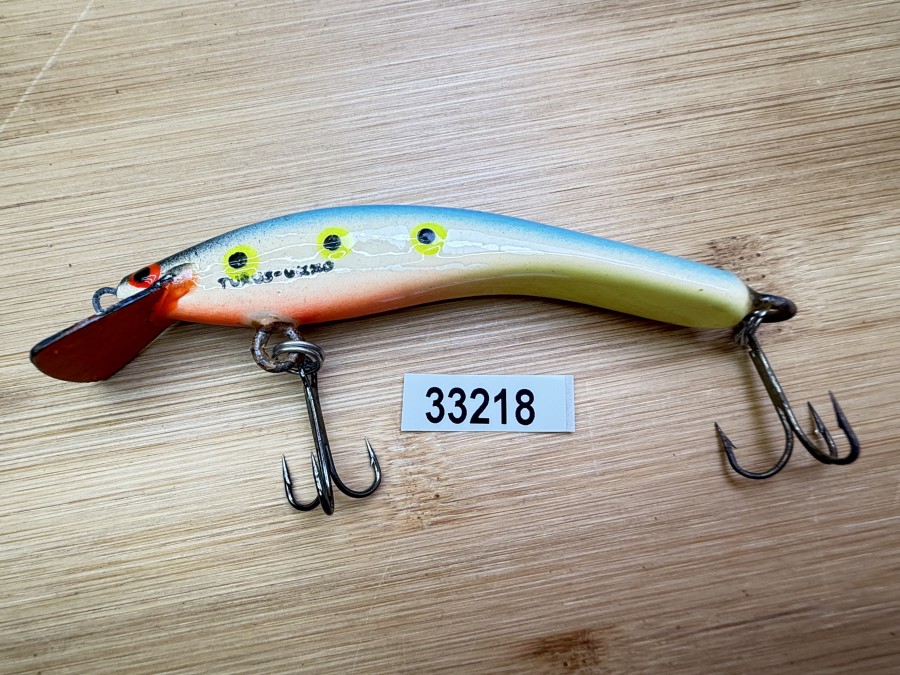 Wobbler, Turus Ukko, Handmade in Finland, gemarkt, gelb/orsange/beige/blau/schwarz, gelb/schwarz Punkten, 9cm, 11,00g, ungefischt