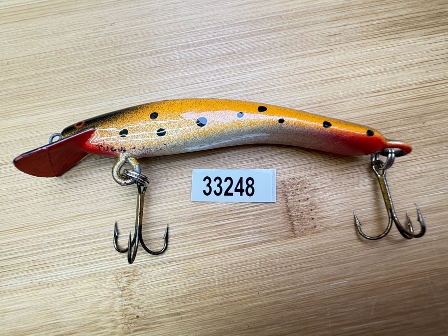 Wobbler, Turus Ukko, Handmade in Finland, gemarkt, rot/beige/orange/gold/schwarz, mit schwarzen Punkten, 9cm, 11,00g, ungefischt