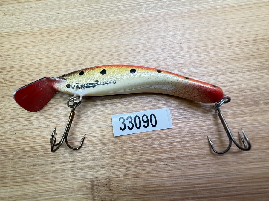 Wobbler, Turus Ukko, Handmade in Finland, gemarkt, beige/gold/rot, schwarze Punkte, 7cm, 5,00g, ungefischt