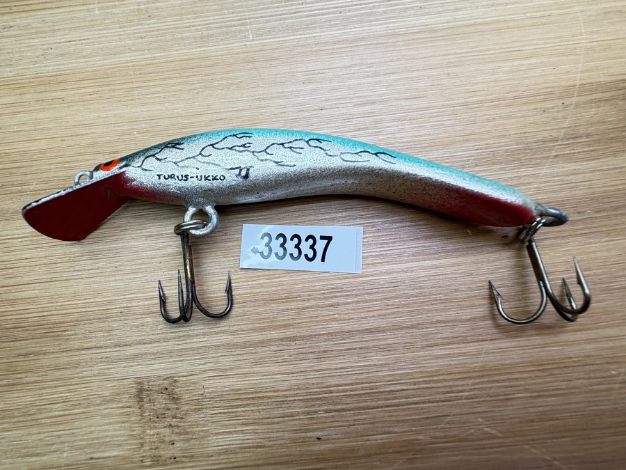 Wobbler, Turus Ukko, Handmade in Finland, gemarkt, rot/silber/hellblau/schwarz, 9cm, 11,00g, ungefischt