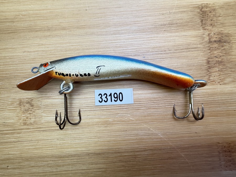 Wobbler, Turus Ukko, Handmade in Finland, gemarkt, orange/gold/blau/schwarz, 9cm, 11,00g, ungefischt