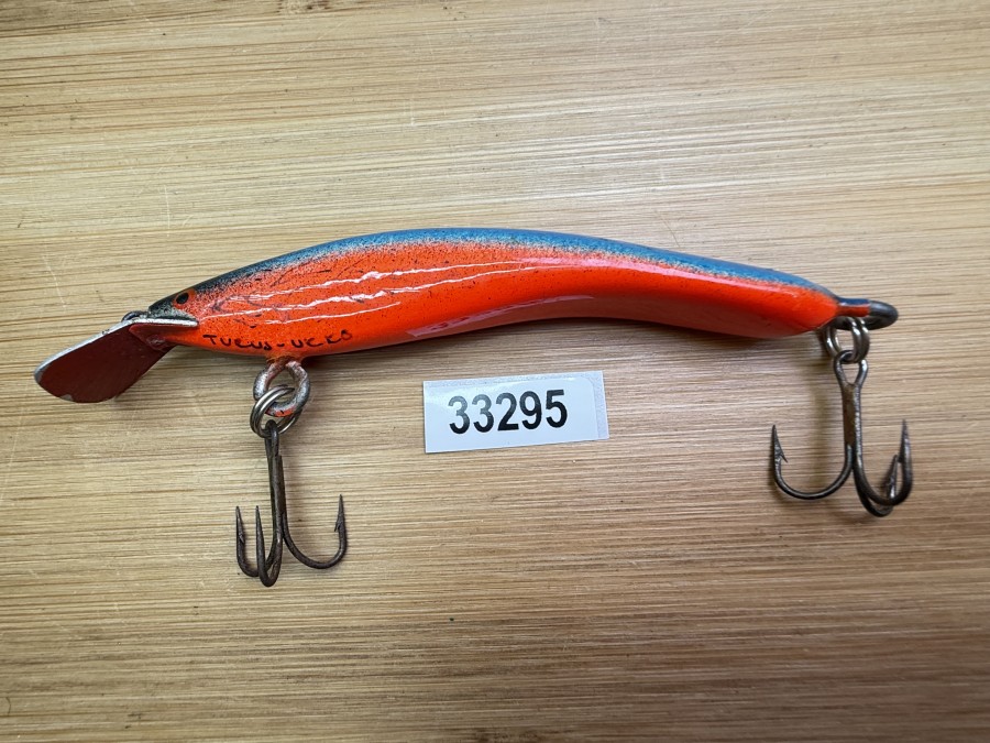 Wobbler, Turus Ukko, Handmade in Finland, gemarkt, Gravedigger,  orange/blau/schwarz, 9cm, 11,00g, ungefischt