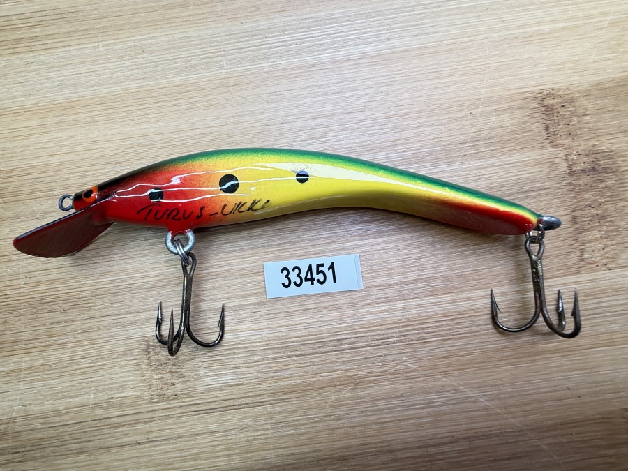 Wobbler, Turus Ukko, Handmade in Finland, gemarkt, rot/gelb/grün/schwarz, 12cm, 15,00g, ungefischt