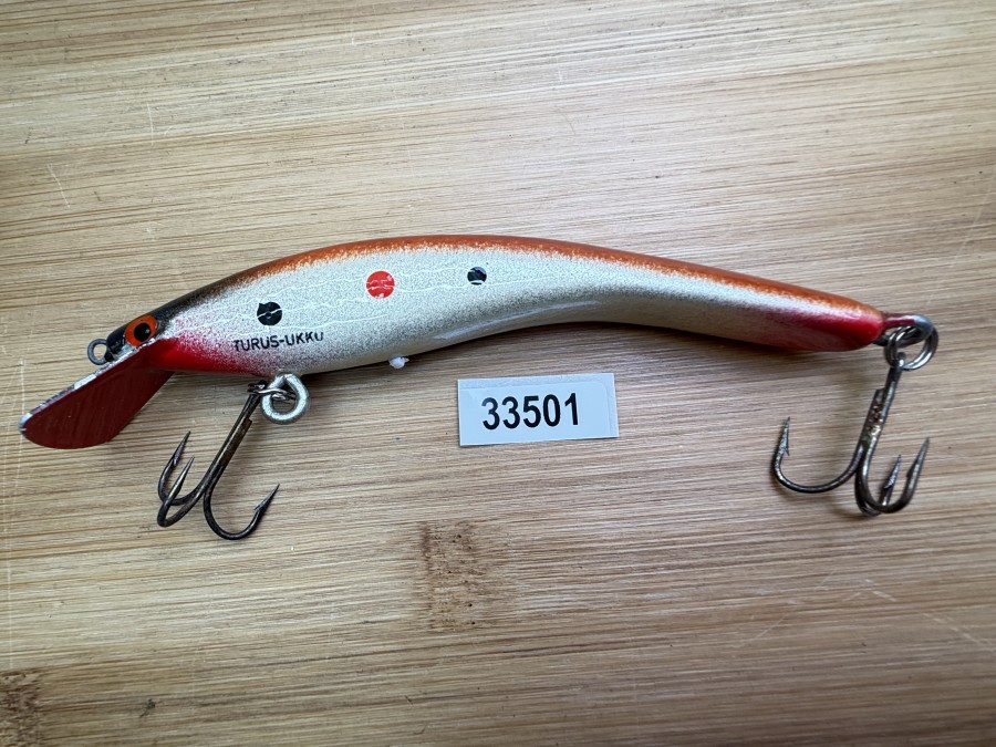 Wobbler, Turus Ukko, Handmade in Finland, gemarkt, rot/creme/rot/schwarz, mit roten und schwarzen Punkten, 12cm, 15,00g, ungefischt