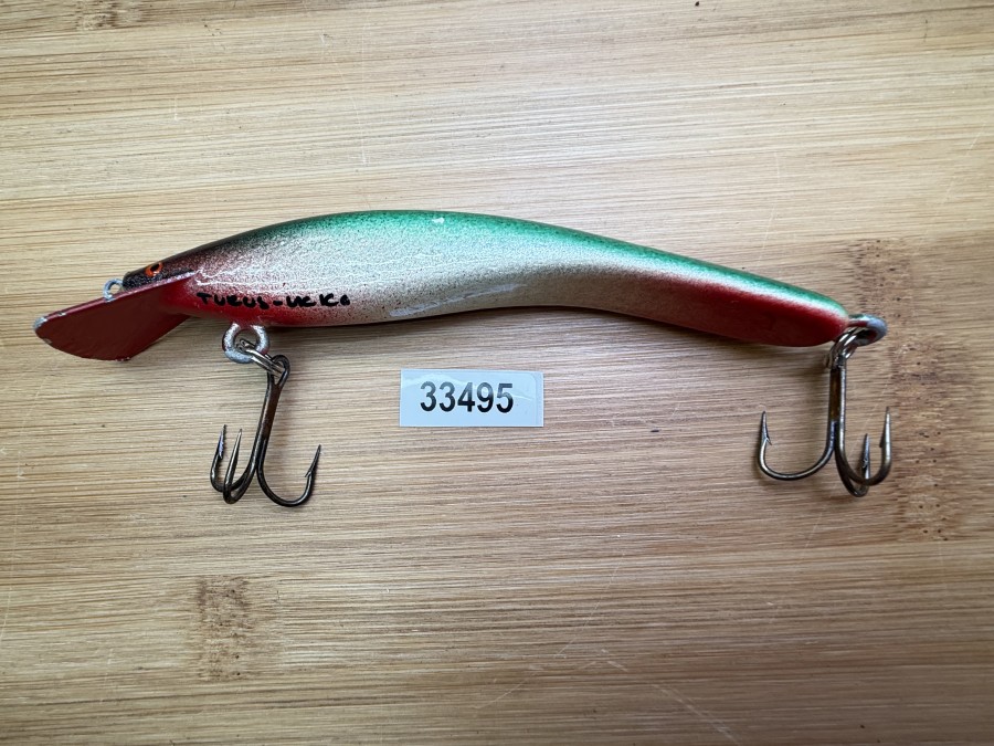Wobbler, Turus Ukko, Handmade in Finland, gemarkt, orange/beige/violett/schwarz, mit schwarzen Punkten, 12cm, 15,00g, ungefischt