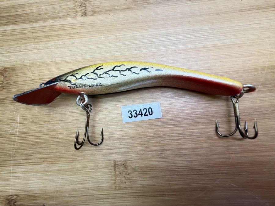 Wobbler, Turus Ukko, Handmade in Finland, gemarkt, rot/gold/gelb/bronze/schwarz, 12cm, 15,00g, ungefischt