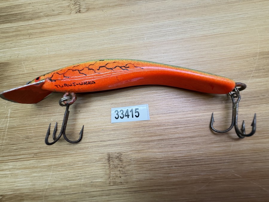 Wobbler, Turus Ukko, Handmade in Finland, gemarkt, orange/grün/schwarz, 12cm, 15,00g, ungefischt
