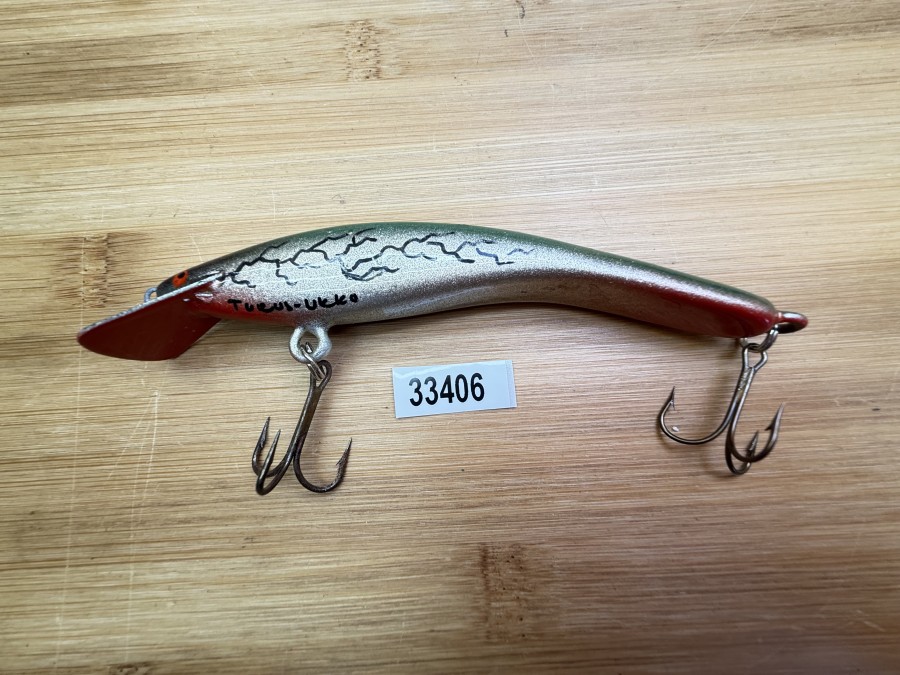 Wobbler, Turus Ukko, Handmade in Finland, gemarkt, rot/silber/grün/schwarz, 12cm, 15,00g, ungefischt