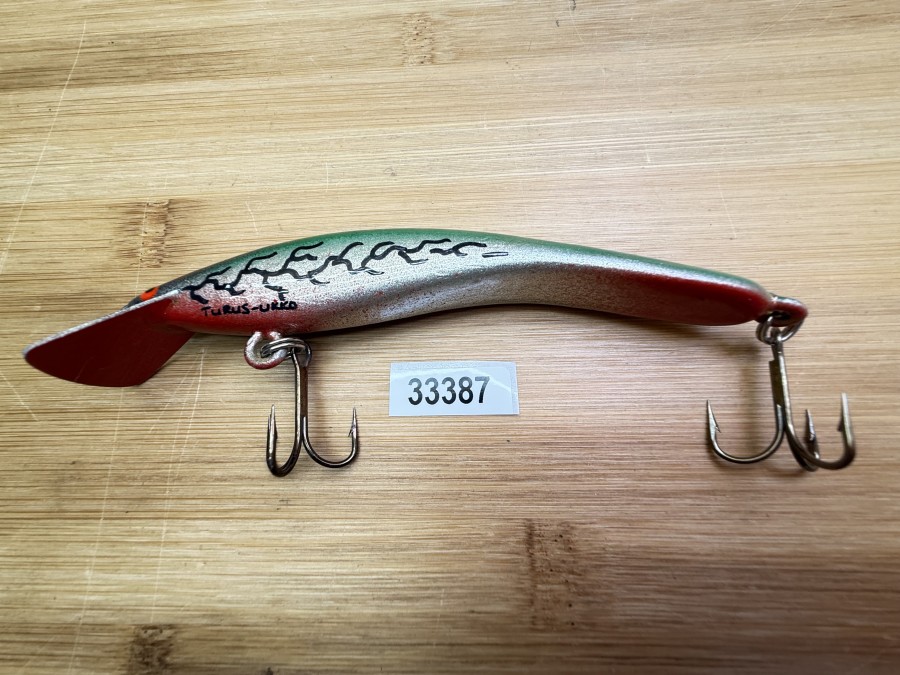 Wobbler, Turus Ukko, Handmade in Finland, gemarkt, rot/silber/grün/schwarz, 12cm, 15,00g, ungefischt