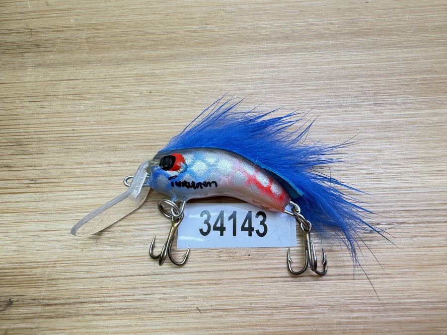 Wobbler, Turunen Finland, gemarkt, 3cm, 4g, orange/silber/blauschwarz, blauer Fellstreifen, ungefischt