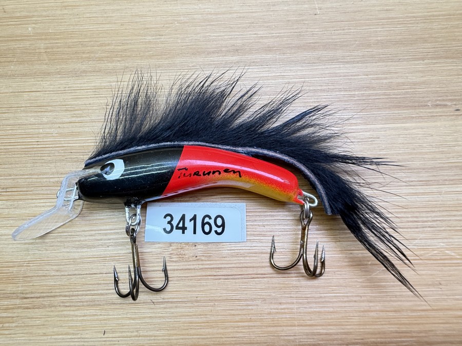 Wobbler, Turunen Finland, gemarkt, 6cm, 8g, gelb/rot/schwarz, schwarzer Fellstreifen, ungefischt