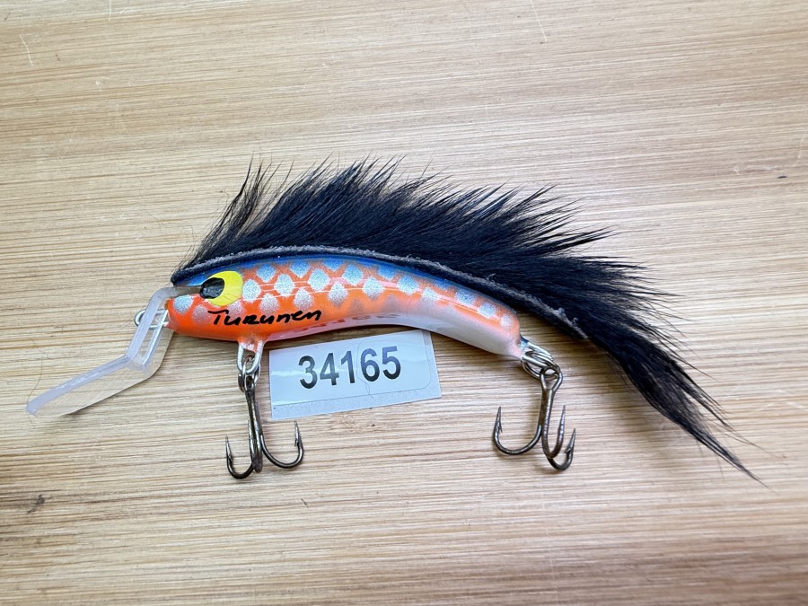 Wobbler, Turunen Finland, gemarkt, 6cm, 8g, beige/rot/silber/blau, schwarzer Fellstreifen, ungefischt