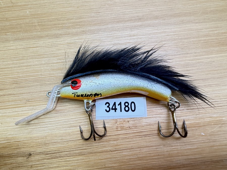 Wobbler, Turunen Finland, gemarkt, 6cm, 8g, gelb/silber, schwarzer Fellstreifen, ungefischt