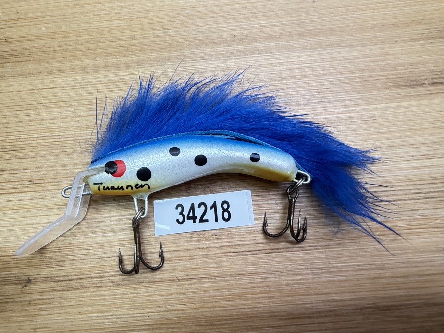 Wobbler, Turunen Finland, gemarkt, 6cm, 8g, gelb/silber/schwarz, blauer Fellstreifen, ungefischt