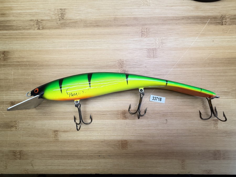 Wobbler, Turus Ukko, Handmade in Finland, Turus Ukko gemarkt, orange/gold/gelb/grün/schwarz, 30cm, 136g, ungefischt