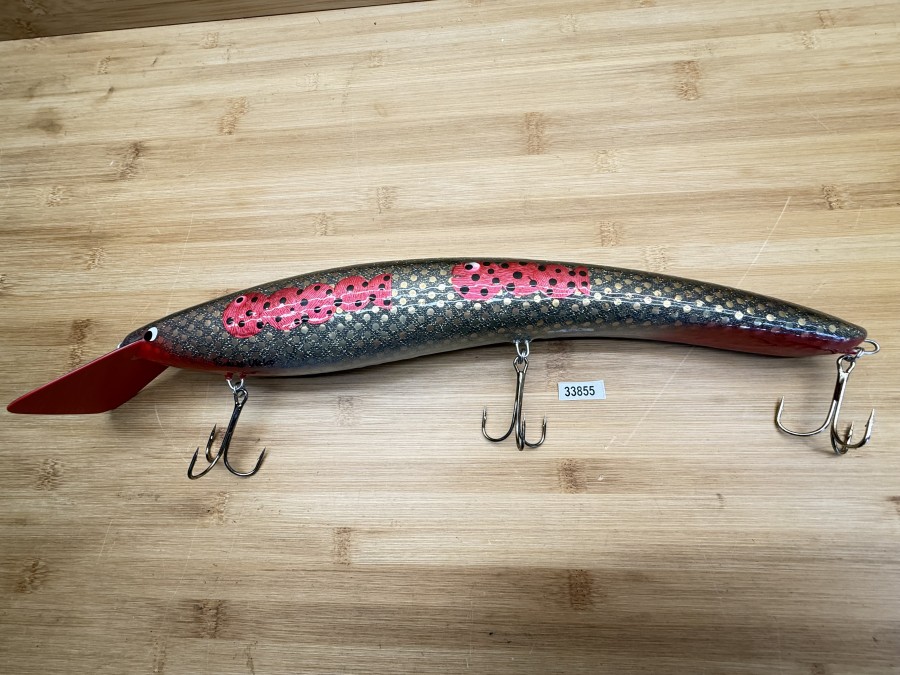 Wobbler, Turus Ukko Sonderedition Mai 1991, Handmade in Finland, Turus Ukko gemarkt, Tuotu kuu 1/5, rot/silber/oliv/schwarz, 40cm, 394g, ungefischt
