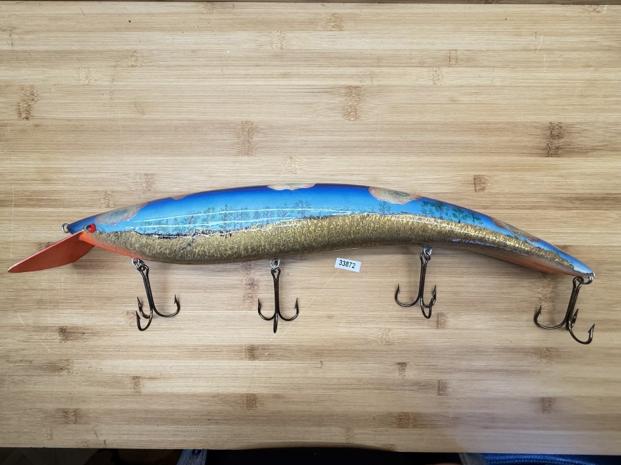 Wobbler, Turus Ukko Sonderedition August 1991, Handmade in Finland, Turus Ukko gemarkt, Elo kuu 2/5, orange/gold/grün/blau, 50cm, 449g, ungefischt