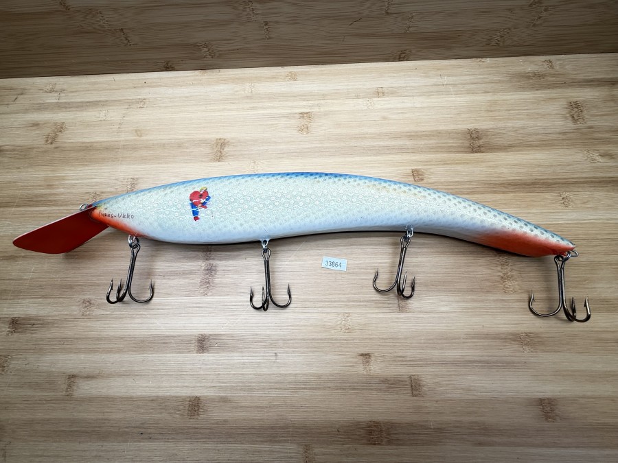 Wobbler, Turus Ukko Sonderedition Januar 1991, Handmade in Finland, Turus Ukko gemarkt, Tommi kuu 5/5, orange/beige/silber/blau, 50cm, 515g, ungefischt