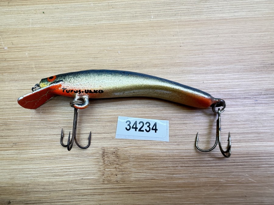 Wobbler, Handmade in Finland, Turus Ukko, gemarkt, orange/gold/blau/schwarz, 9cm, 11g, ungefischt