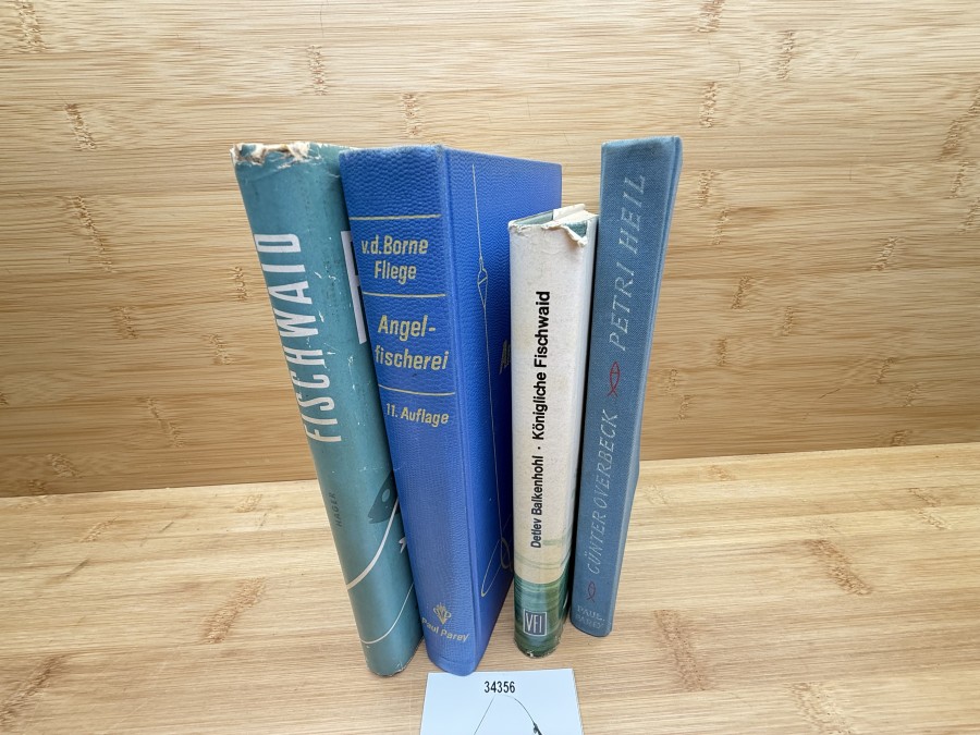 4 Bücher, Petri Heil von 9 bis 90, Günter Overbeck, 1959, Königliche Fischwaid, Detlev Balkenhohl, Angelfischerei, Borne/Fliege, 1961, Fischwaid in Bach Fluss und See, Eugen Hager, 1951