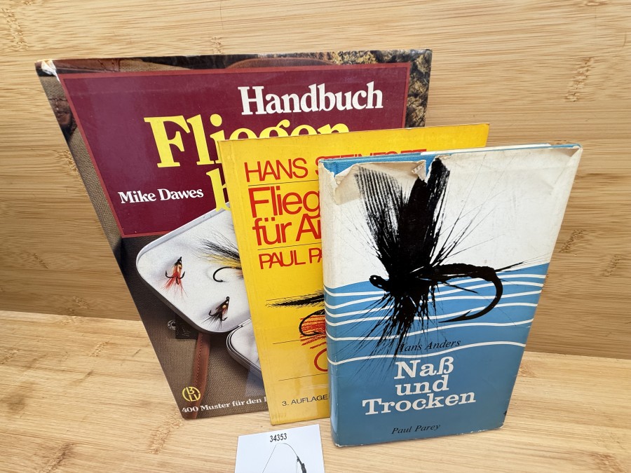 3 Bücher, Fliegenfischen für Anfänger, Hans Steinfort, 1980, Naß und Trocken, Hans Anders, 1967, Handbuch Fliegenbinden, Mike Dawes