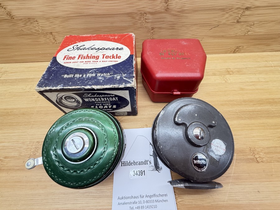 2 Fliegenrollen, K.P. Morritt Ltd., Made in England, Intrepid, #5, Automatic Fliegenrolle, Shakespeare, Silent, Tru Art, Gebrauchsspuren