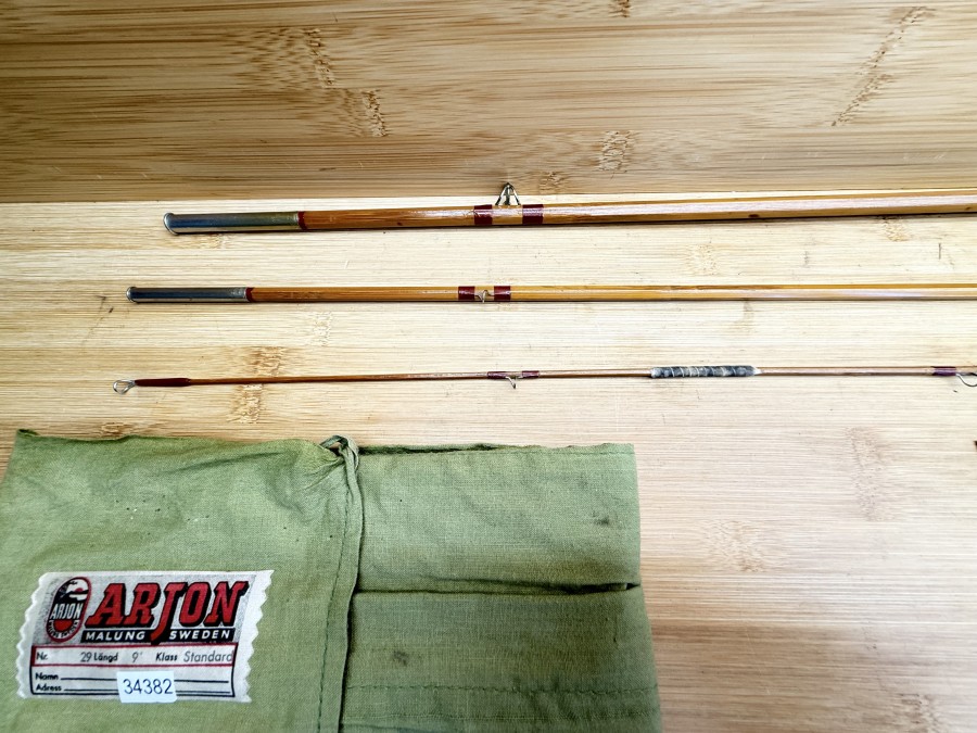 Gespliesste Fliegenrute, Arjon, Malund . Sweden, Streamfly #29, 3tlg., 9 FT., #6, Gewicht 188g, Spitze gebrochen. Reparatur erforderlich, Gebrauchsspuren, Futteral, Transportlänge 950mm
