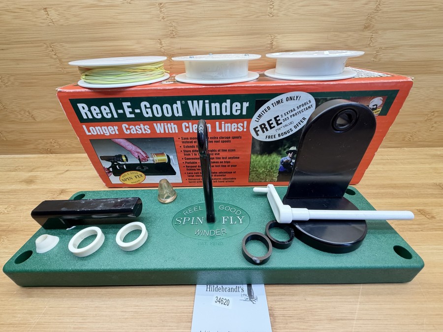 Reel-E-Good Line Winder,  ein mechanisches Hilfsmittel für Angler, das speziell für das schnelle Auf- und Abspulen von Angelschnüren (insbesondere Fliegenschnüren und Backing) entwickelt wurde